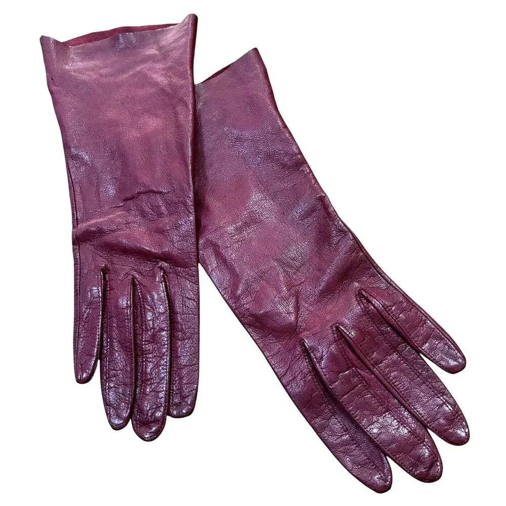 Vintage deep red leather ladies formal gloves size 6-1/2 classic mid century